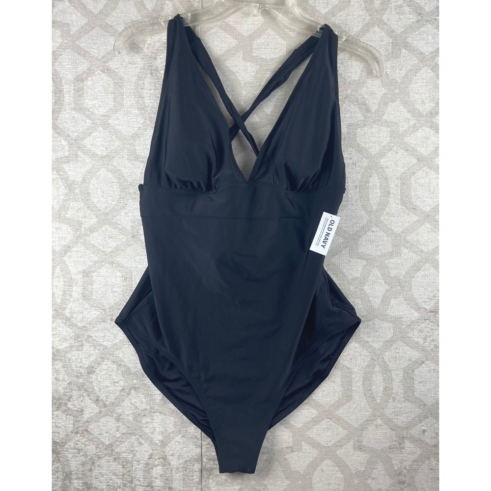 Old Navy V-Neck Wrap-Back One-Piece Swimsuit Women Large Black NWT Ruched Padded